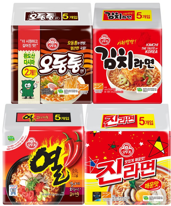 오뚜기 봉지라면 진라면 매운맛 5입+김치라면 5입+오동통면 5입+열라면 5입, 1세트