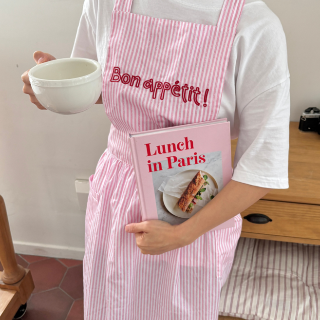 론드흐 프렌치 레터링 주방 카페 예쁜 앞치마, 1개, 코튼 스트라이프(핑크)