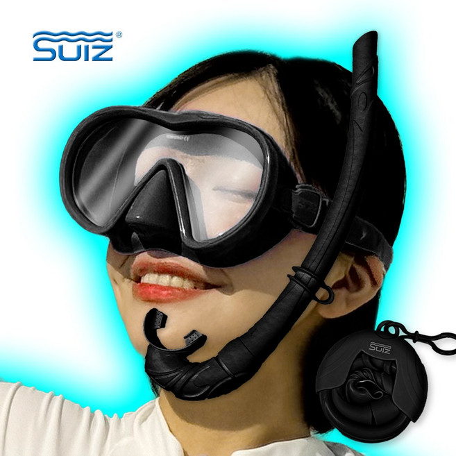 수이즈 스노쿨링 마스크 장비 세트 여행용 물안경, 오닉스 블랙