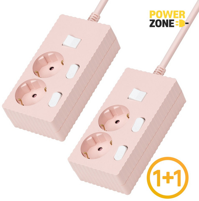 1+1 웨이브 멀티탭 개별 절전 스위치 2구 멀티콘센트 전기코드 50cm 1.5m 3m 5m 7m, 파스텔핑크