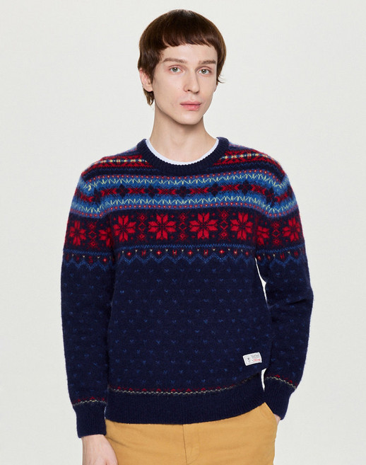 100% 정품 헤지스 남자 니트 남성 셔틀랜드 울 홀리데이 페어아일 트렌드 출장 관람