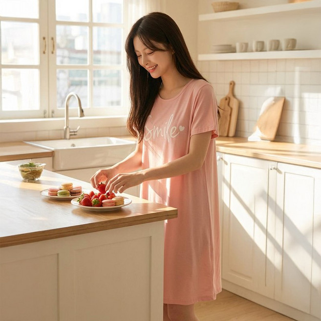 말랑마쥬 스마일 쫀쫀면 내장형 브라캡 원피스잠옷 홈웨어