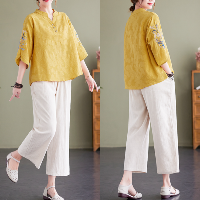 Asure 여성투피스세트 퓨전한복 원마일 웨어 엄마 옷 자수 티+밴딩 팬츠