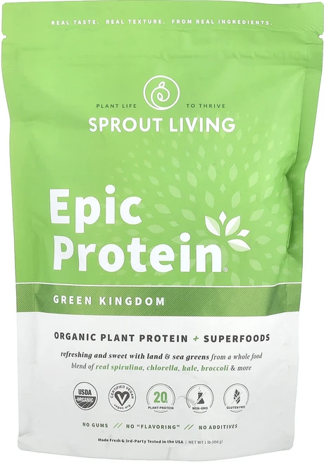 Sprout Living Epic Protein® 유기농 식물 단백질 + 슈퍼 푸드 그린 킹덤 456g(1lb), Sprout Living Epic Protein®..., 456g, 1개 - 쿠팡