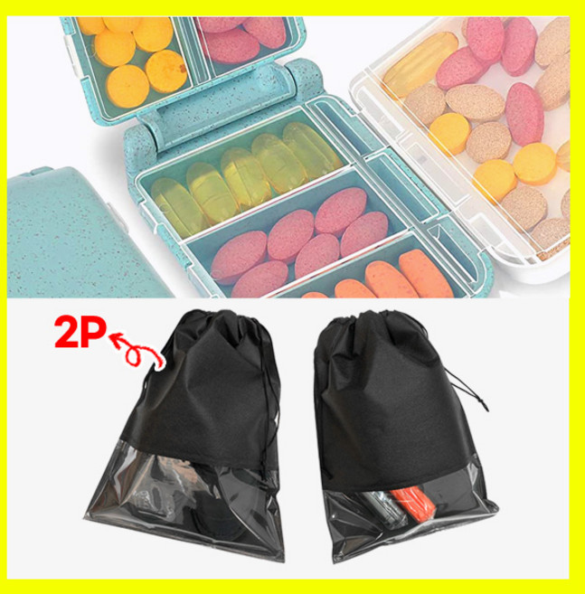 [쎈사] 캐리어모양 알약케이스 약정리함 소품보관 신발주머니 소품보조백 끈파우치 패키지, 1세트, 파스텔핑크+블랙(2)