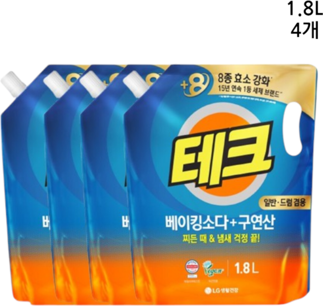 테크 베이킹소다+구연산 액체세제 일반/드럼겸용, 1.8L, 4개