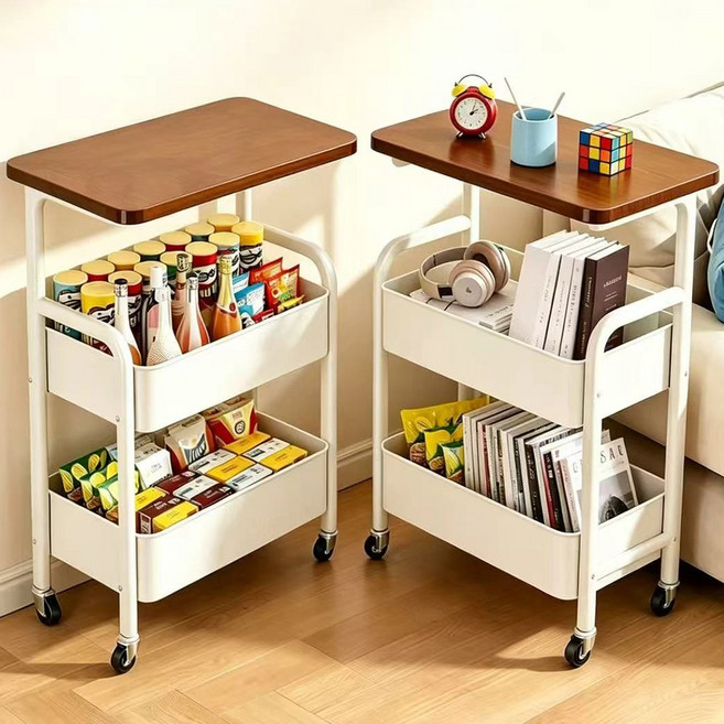 이동식 트롤리 철제 트롤리 이동식 선반 3단 수납 선반, 흰색