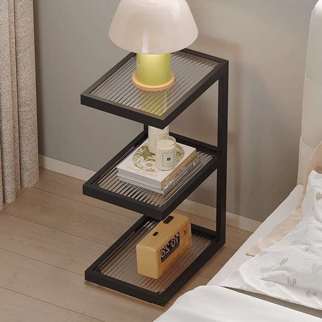 하루꿈 보조 협탁 소파 옆 미니 사이드 테이블 모듈 철제 유리 코너 수납 선반, 블랙, 3단
