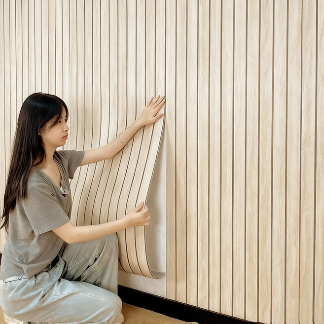 접착식 템바보드 셀프 인테리어 단열 방수 벽지 셀프 접착식 곰팡이벽지 인체리어 풀없이 도배지, 베이지