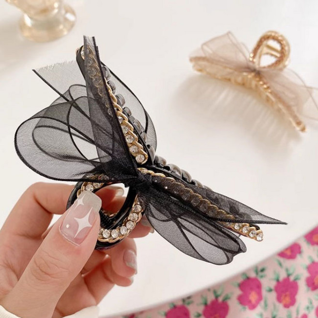 [Bahn 2컬러] 제니 큐빅 시스루 리본 집게핀