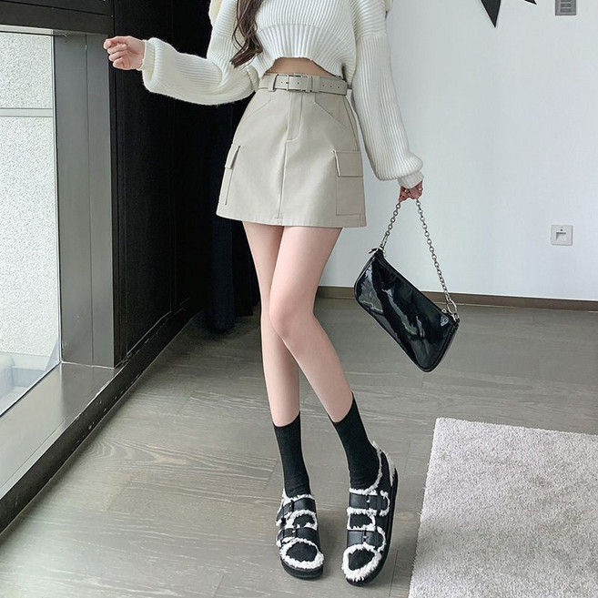 레트로 가죽 카고 미니 스커트 가을 겨울 캐주얼 A라인 벨트 짧은 치마 포켓 주머니