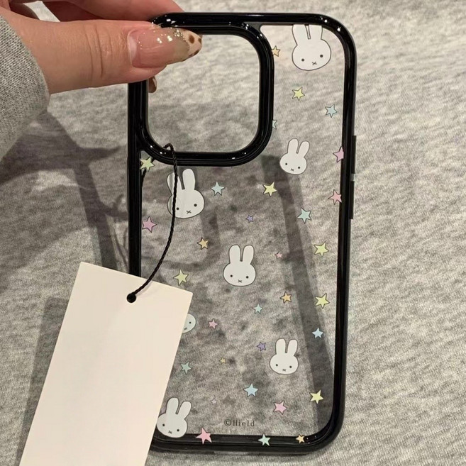 귀여운 미피 별 패턴 검정 사이드 폰케이스