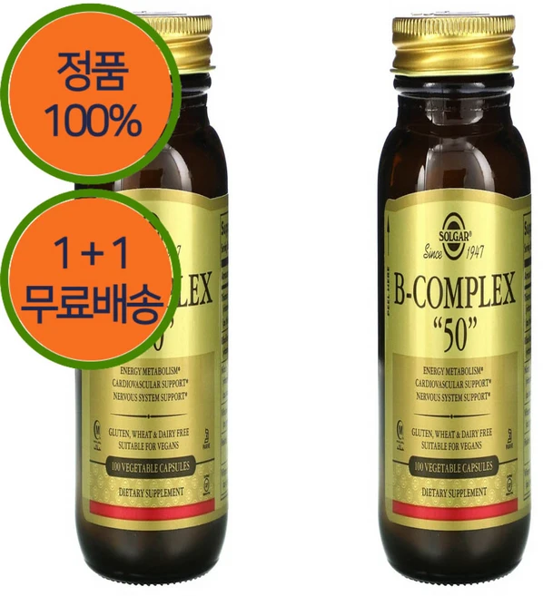 1+1 솔가 복합 비타민B 컴플렉스 티아민 리보플라빈 니아신 피리독산 콜린 100캡슐, 100정, 2개 - 쿠팡