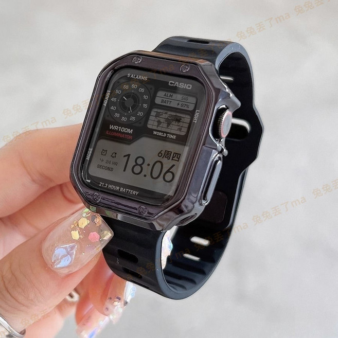 Apple Watch 錶帶 錶殼 套裝款 適用 Apple Watch 11 10 9 8 7 6 5 SE3 42mm 46mm 蘋果錶帶, 黑色+黑色鎧甲殼新款閃電扣,46mm（10代/11代通用）, 1個