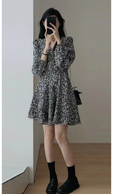 채윤러브 여성 긴팔 랩스타일 퍼프소매 플라워 원피스 CY0386A