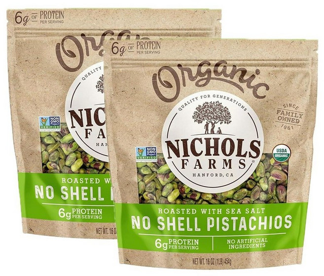 Nichols Farms 바다 소금으로 구운 껍질 없는 피스타치오 코셔 USDA 인증 유기농 GMO 프리 170g(6온스) (3팩)