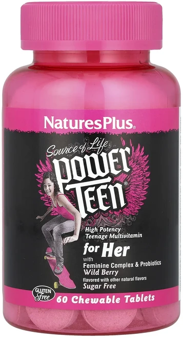 NaturesPlus Source of Life Power Teen 여성용 무설탕 천연 산딸기 향 츄어블 정 60정, NaturesPlus Source of Life ..., 1개