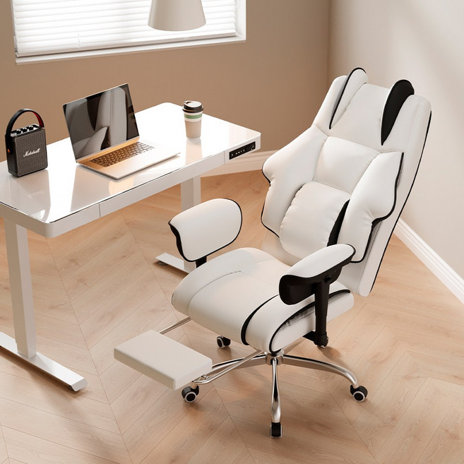 Takata 게이밍 의자 침대형 발받침대 리클라이너 고급 인조가죽 사무용 PC방용 컴퓨터 의자, 화이트