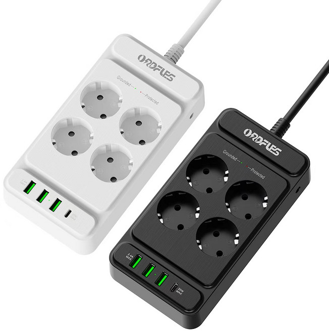 ORDFLES USB 멀티탭 3A+1C PD20W 4000W 고용량 과부하차단, 4구  블랙, 1개, 2m