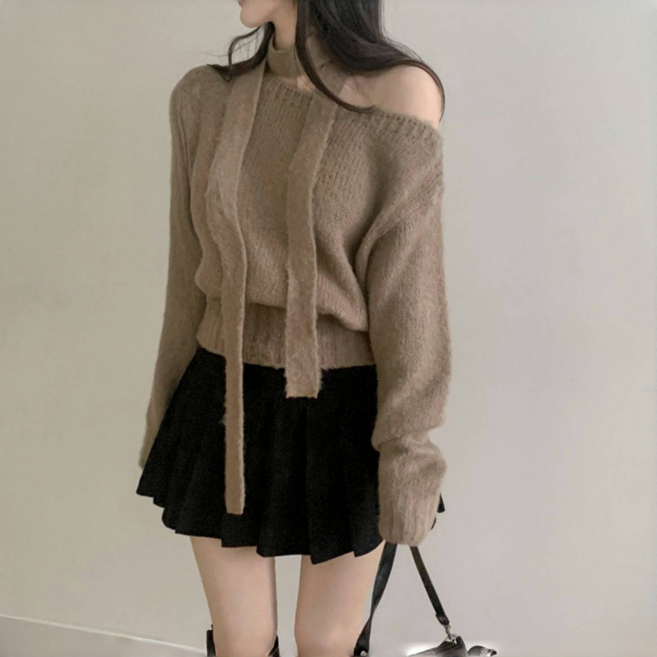 해피유통 여성 루즈 니트 스웨터 오프숄더 긴팔 루즈핏 디자인