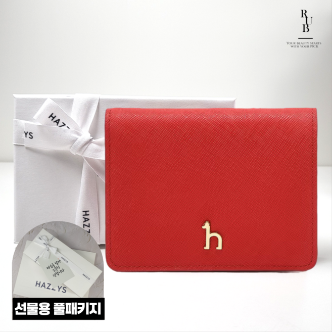 헤지스 여성 시그니처 레드 심플 소가죽 반지갑 선물용 풀패키지