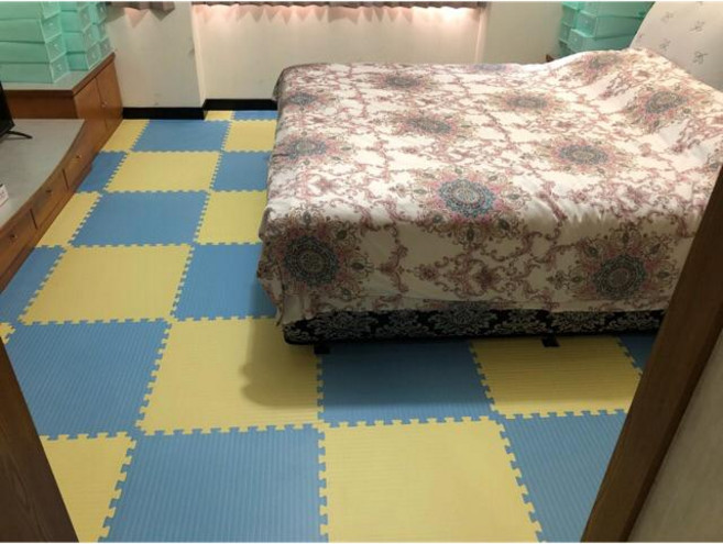 方格子地墊 台灣製 EVA巧拼 加厚遊戲墊, 馬卡龍粉藍色配馬卡龍黃色,64*64*2.3cm