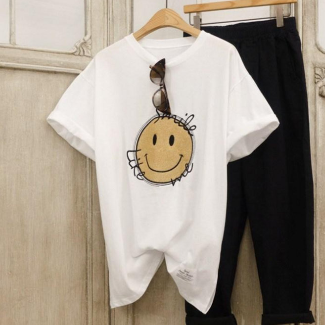 패치 Big 스마일 여름 반팔 루즈핏 롱티 여성 티셔츠