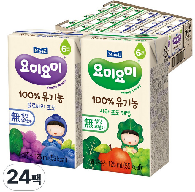 요미요미 유기농 주스 125ml 블루베리포도12+사과포도케일12, 1세트
