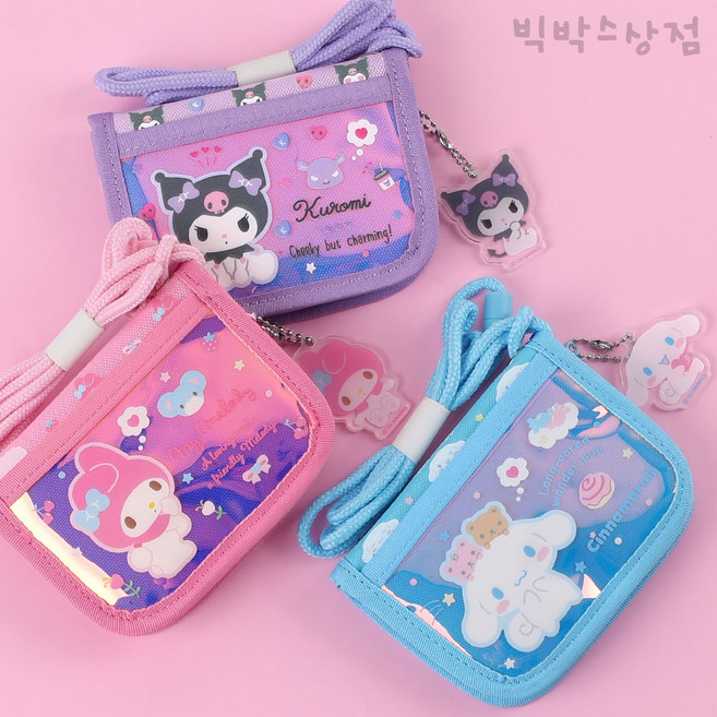 산리오 홀로그램 키링 2단 목걸이지갑 1p 캐릭터 마이멜로디 쿠로미 시나모롤 카드지갑 초등학생 어린이 동전지갑 유아 아동 입학 선물