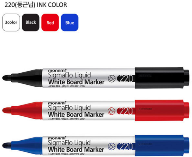 LABU 모나미 시그마플로 생잉크 보드마카, 1팩, 220 둥근닙(블랙+블루+레드)