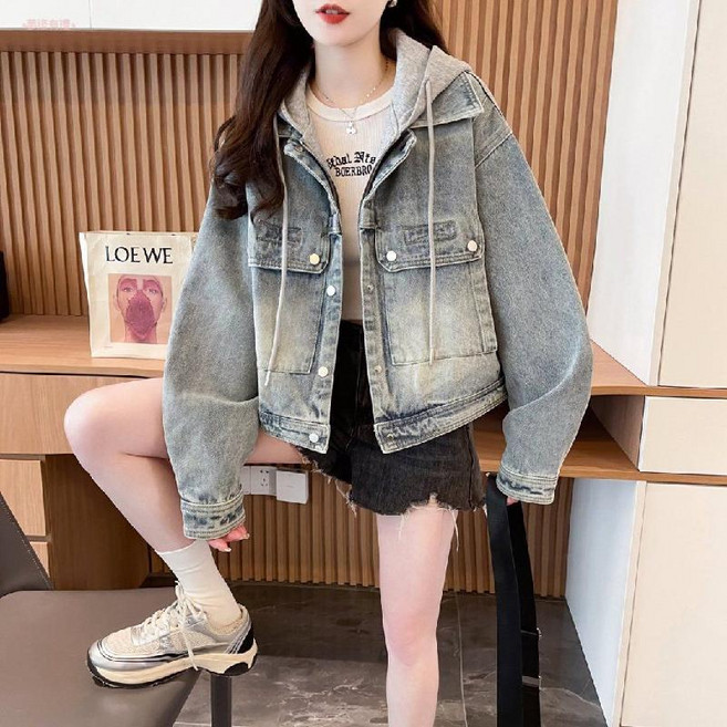 連帽牛仔外套女 短款夾克 寬鬆休閒帶帽潮