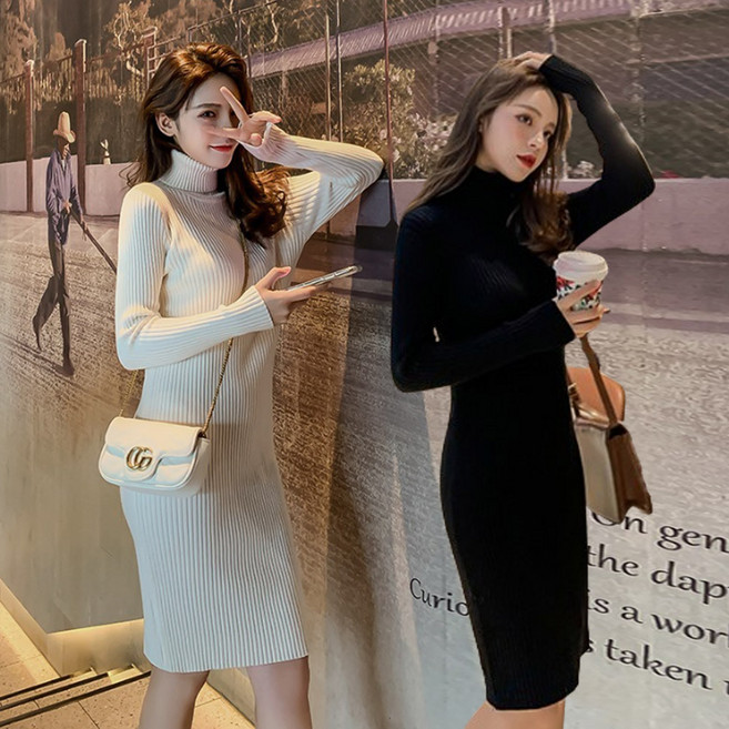 이너퀸 프리수 여성 목폴라 하이넥 데일리 베이직 슬림핏 골지 스판 긴팔 니트 원피스 폴라니트원피스