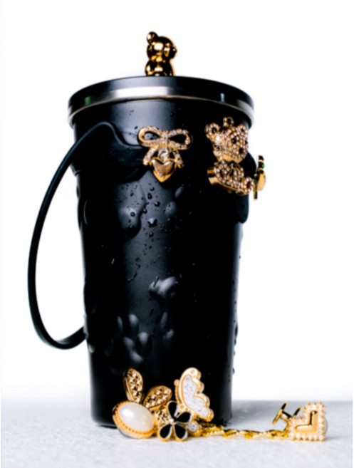 오주 곰 빨대 텀블러 빨대 뚜껑이 있는 귀여운 곰 빨대 텀블러, 2.블랙, 1개, 600ml