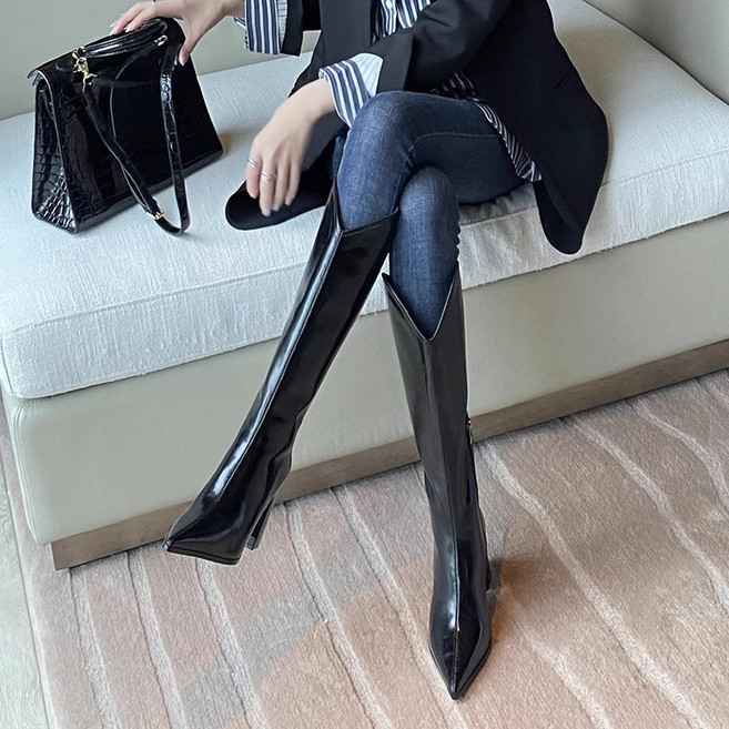 여성 추동 V라인 롱부츠 통굽힐 롱부츠 8cm 스틸레토 워커부츠