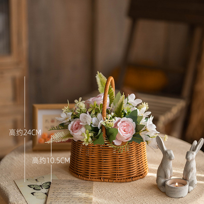手工草編花籃 田園風客廳裝飾擺件插花籃, 1件, 粉色百合玫瑰混和24CM棕色手提花籃:1