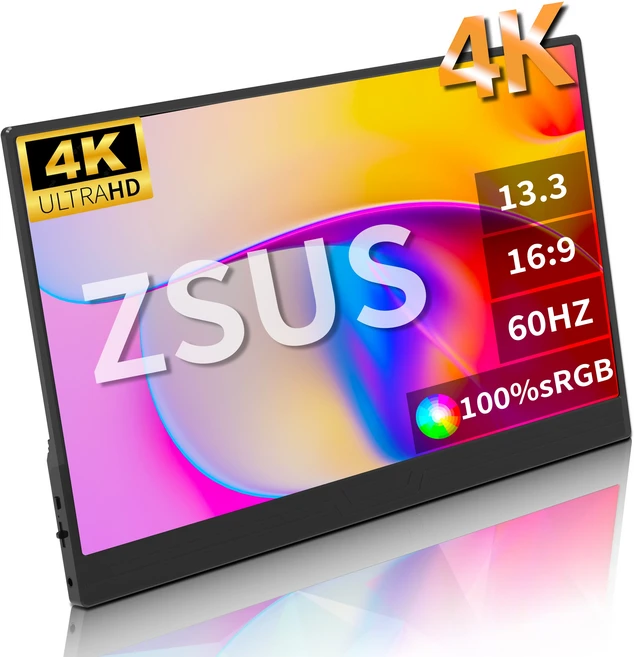 ZSUS 3840*2160 13인치 4K 휴대용 모니터 60HZ 노트북 XBox PS4 / 5 스위치 TV 박스 휴대폰 PC 확장 모니터, 01 EU 플러그, 01 PM13AK