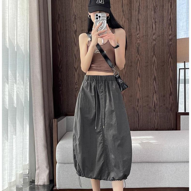 軍綠色美式速幹工裝裙 女 夏季復古高腰中長款抽繩半身裙