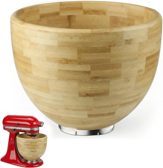 키친에이드 틸트 헤드 스탠드 믹서와 호환되는 5Qt 솔리드 우드 믹싱 볼 4.5-5Qt K45SS KSM75 KSM150용 수제 천연 나무 빵 반죽 및 샐러드에 이상적입니다다크, Pale Yellow