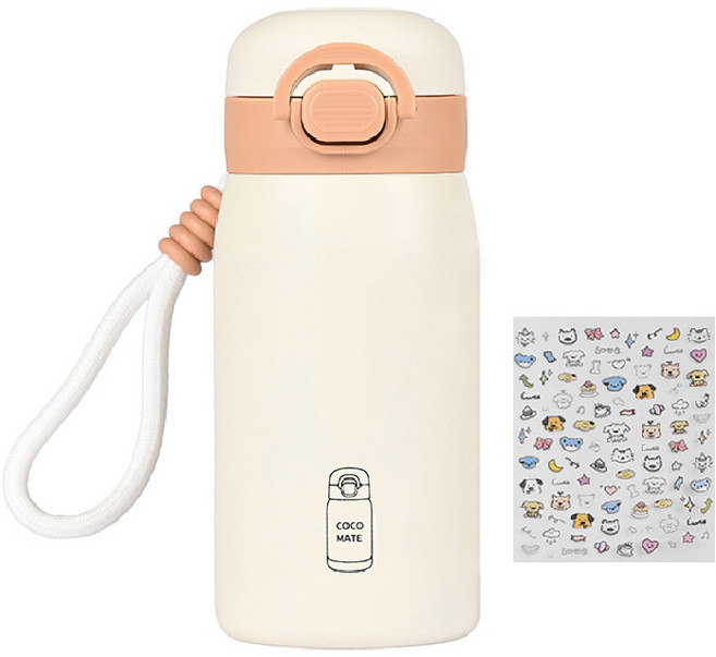 코코메이트 원터치 보온보냉 빨대겸용 텀블러 + 스트랩 + 스티커세트, 1개, 350ml, 브라운