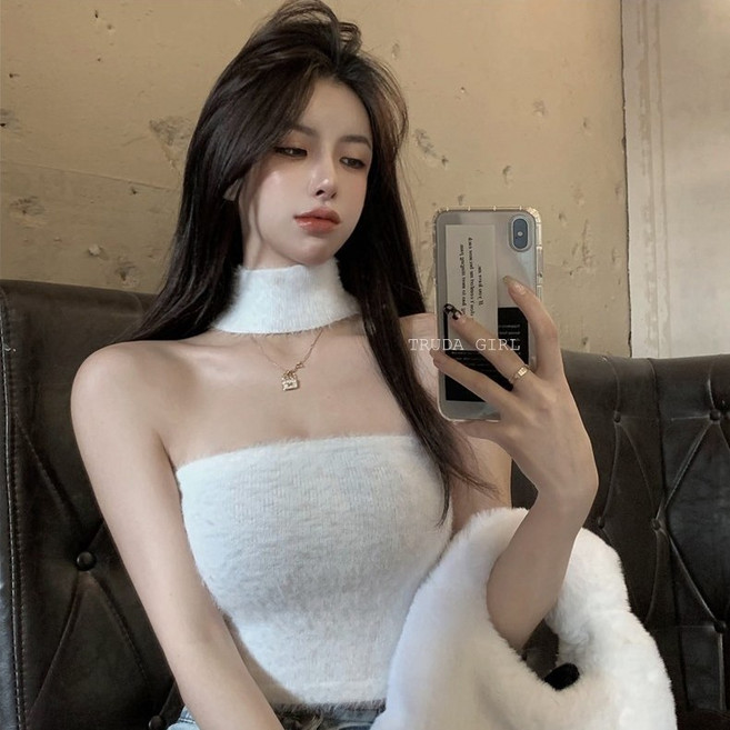 《杜達女孩》今晚有局 正反兩穿BABE超柔水貂毛掛脖上衣 水貂毛背心 派對夜店性感衣服 毛毛吊帶