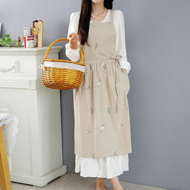 꽃자수앞치마 플로리스트꽃집 어린이집교사 코튼 방수프릴앞치마, 라이트베이지 들꽃자수, 1개