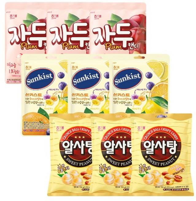 해태 자두캔디 130g+썬키스트캔디 125g+알사탕 319g, 3세트, 574g