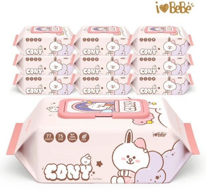 아이러브베베 라인프렌즈 드림에디션 코니 생분해원단 77매 10팩 캡형 아기물티슈
