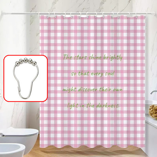 Alemon 프리미엄 패브릭 방수 샤워 커튼 + 스텐 커튼 링, 핑크 체크, 1개