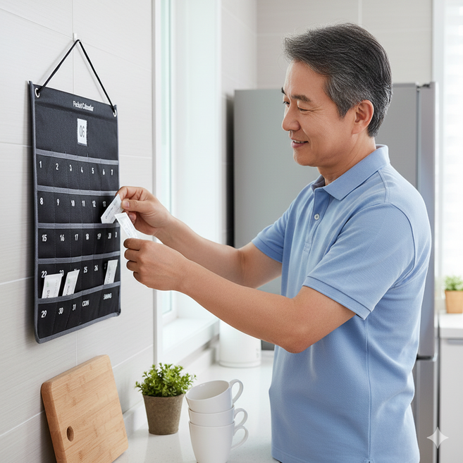 일상채움부직포 벽걸이 약 정리 포켓 달력, 블랙(월간)