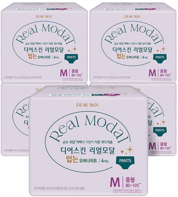 디어스킨 리얼모달 입는오버나이트 중형 4P 5팩, 4개입, 5개