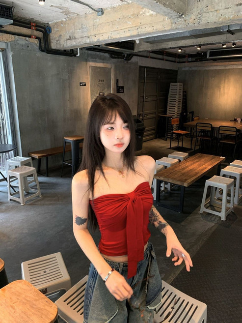 蝴蝶結系帶抹胸背心 夏季修身裹胸上衣