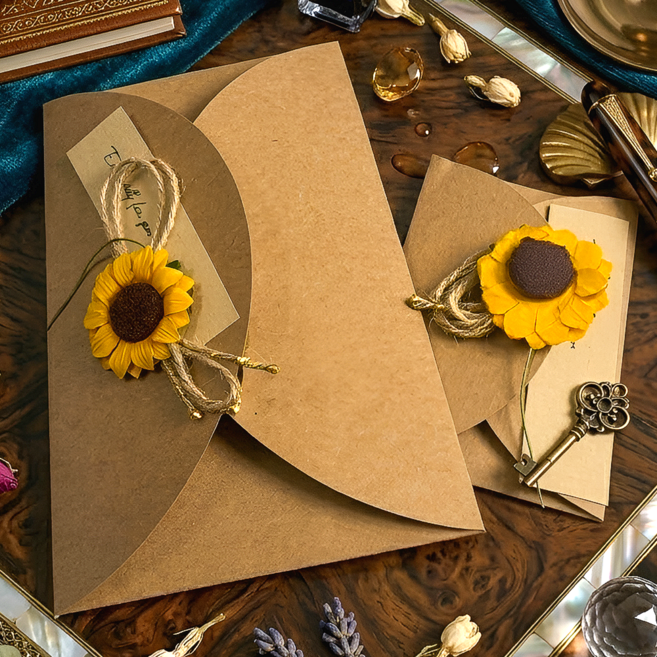 핏노아 감성 플라워 크라프트 편지지 봉투 세트 꽃말 감사 카드, 1팩, 해바라기 대 + 소