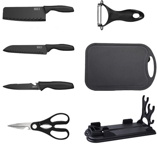 7종 세트 세라믹 칼 거치대 포함 주방 용 식도 칼세트 세라믹칼 가위 채칼 식칼 과도 주방칼 부엌 정리 부엌칼 코팅칼 중식칼, R99128B(블랙, 중식도+식도+과도+가위+필러+도마+칼블럭, 1세트