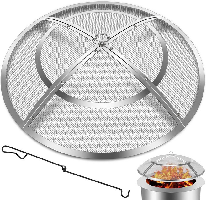 파이어 피트 스파크 스크린 22인치 스크린 커버 스테인리스 스틸 야외용 핸들 & 포커 뒷마당/해변/RV 캠핑용 원형 메쉬 뚜껑 튼튼한 교체품, Stainless Steel, 22 Inch, 1개